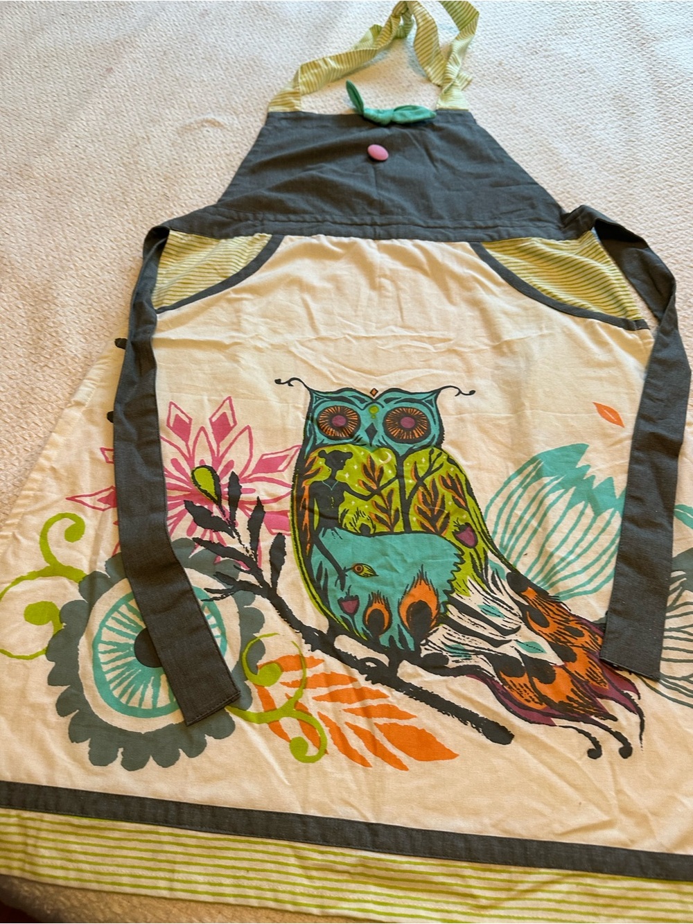 Owl Print Cotton Apron in Teal + Orange bib style with two pockets